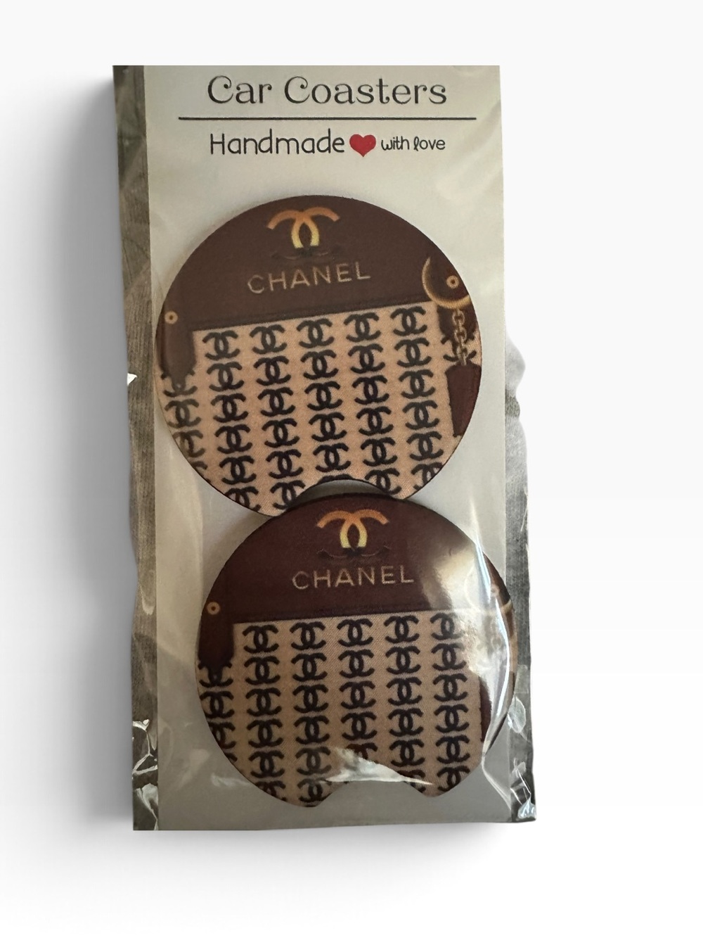 CHANEL Brown & Cream Logo Pattern Car Coasters - Set of 2